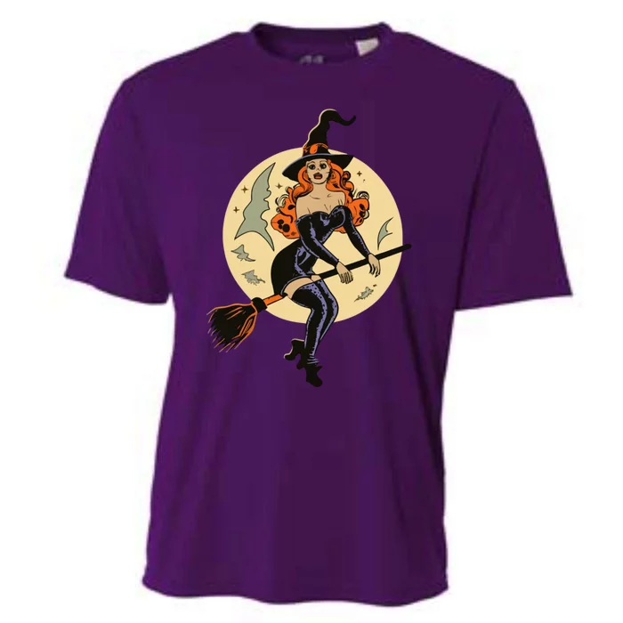 Witch Pin Up Retro Vintage Pumpkin Cooling Performance Crew T-Shirt