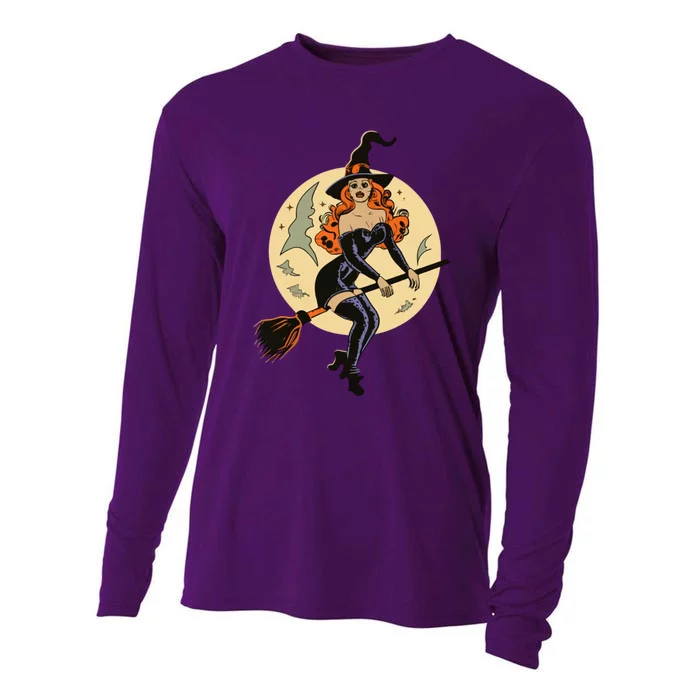 Witch Pin Up Retro Vintage Pumpkin Cooling Performance Long Sleeve Crew