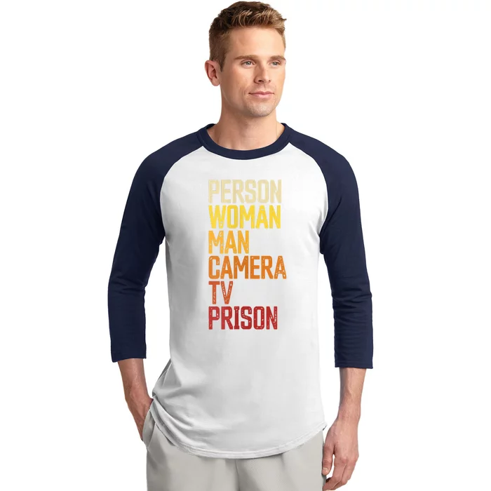 Womens Person Woman Man Camera TV Prison Haha Funny Anit Trump Baseball Sleeve Shirt