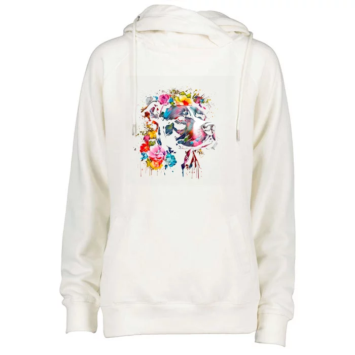 Watercolor Pitbull With Flowers Funny Gift Womens Funnel Neck Pullover Hood