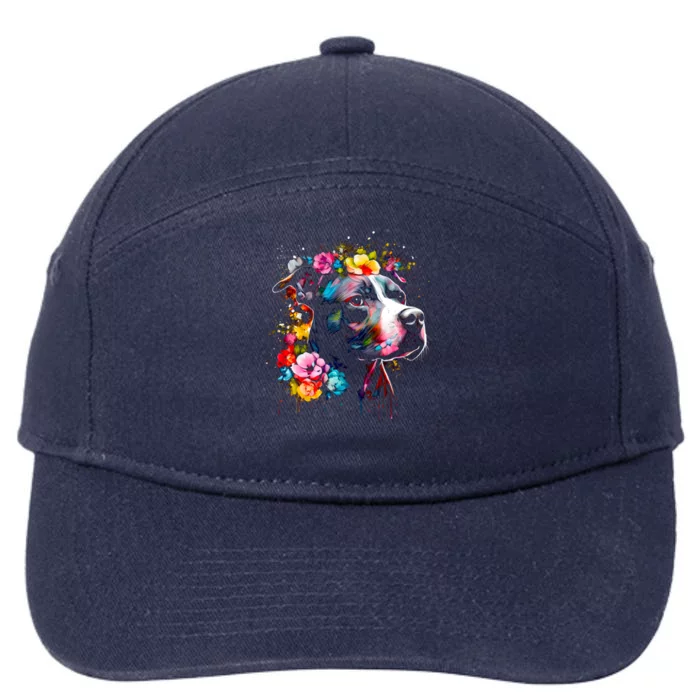 Watercolor Pitbull With Flowers Funny Gift 7-Panel Snapback Hat