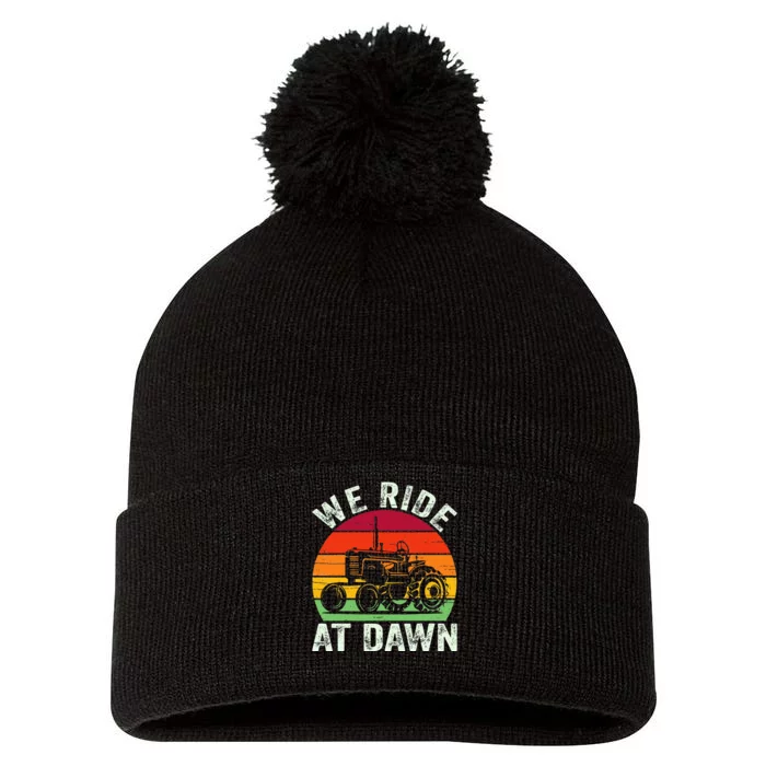 We Ride At Dawn Lawn Mower Farmer Dad Tractor Yard Work Pom Pom 12in Knit Beanie