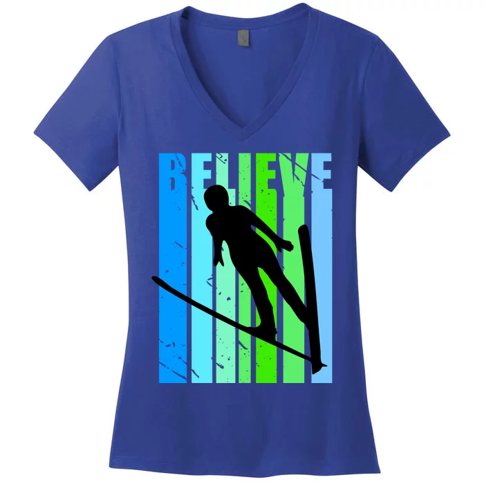 Wo Retro Alpine Ski Jumping Jumper Female Competition Funny Gift Women's V-Neck T-Shirt