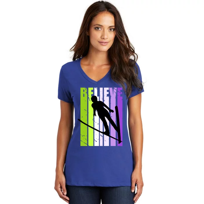 Wo Retro Alpine Ski Jumping Jumper Female Competition Cool Gift Women's V-Neck T-Shirt