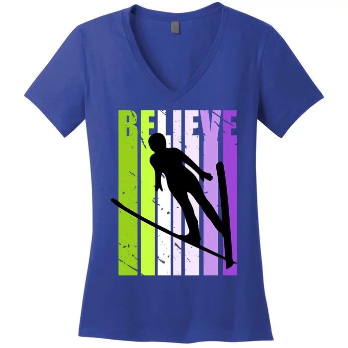 Wo Retro Alpine Ski Jumping Jumper Female Competition Cool Gift Women's V-Neck T-Shirt