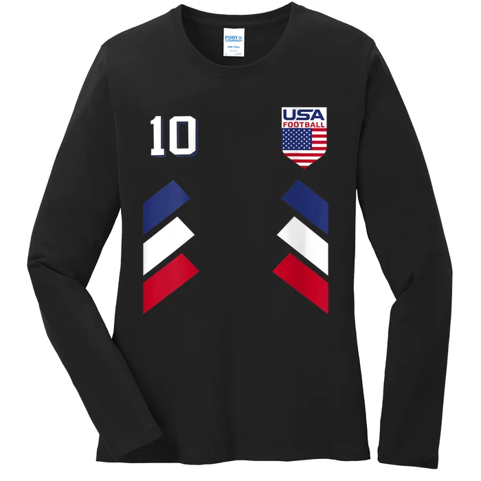 Wo Retro10 American Football USA Soccer USA Flag V-Neck Ladies Long Sleeve Shirt