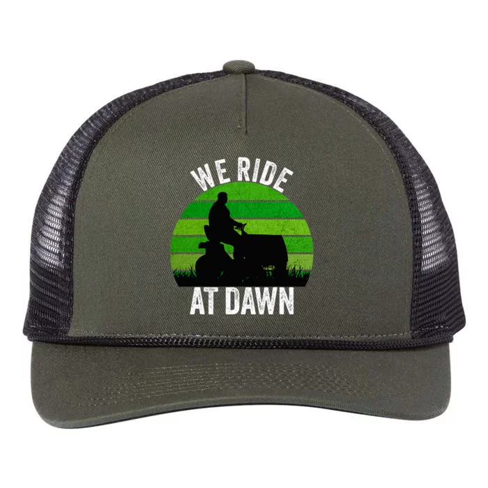 We Ride At Dawn Lawnmower Lawn Mowing Funny Dad Vintage Retro Rope Trucker Hat Cap