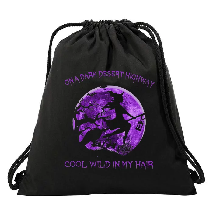 Witch Riding Brooms On A Dark Desert Highways Halloween Drawstring Bag