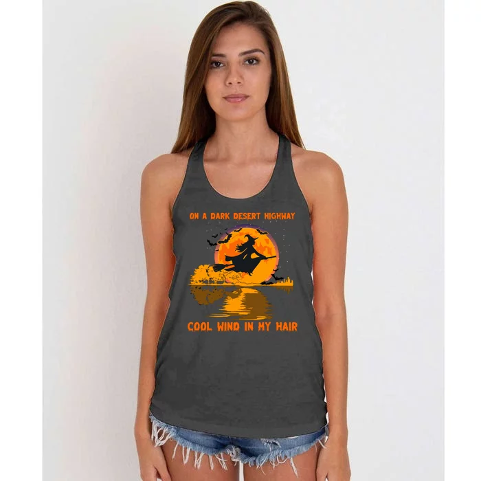 Witch Riding Brooms On A Dark Desert Highways Halloween Women's Knotted Racerback Tank