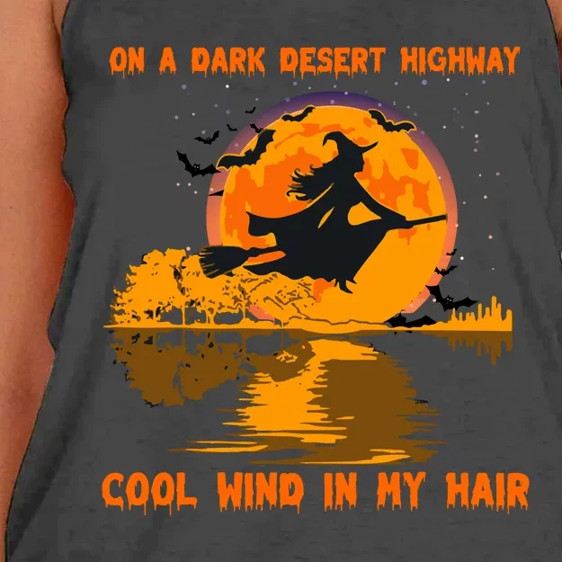 Witch Riding Brooms On A Dark Desert Highways Halloween Women's Knotted Racerback Tank