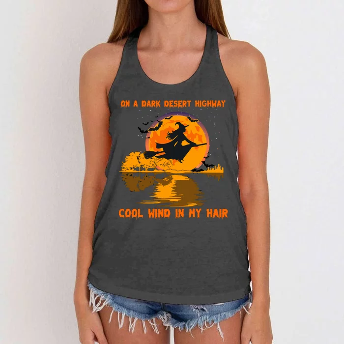 Witch Riding Brooms On A Dark Desert Highways Halloween Women's Knotted Racerback Tank