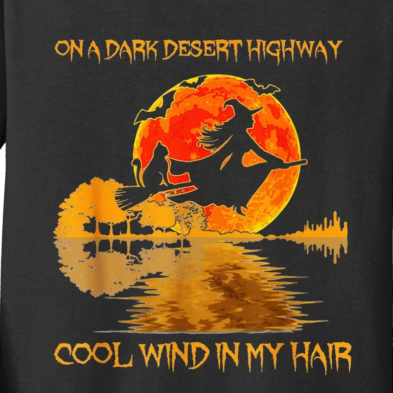 Witch Riding Brooms On A Dark Desert Highways Cat Halloween Kids Long Sleeve Shirt