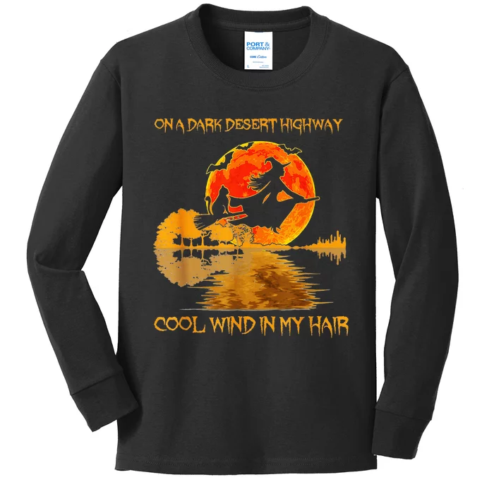 Witch Riding Brooms On A Dark Desert Highways Cat Halloween Kids Long Sleeve Shirt