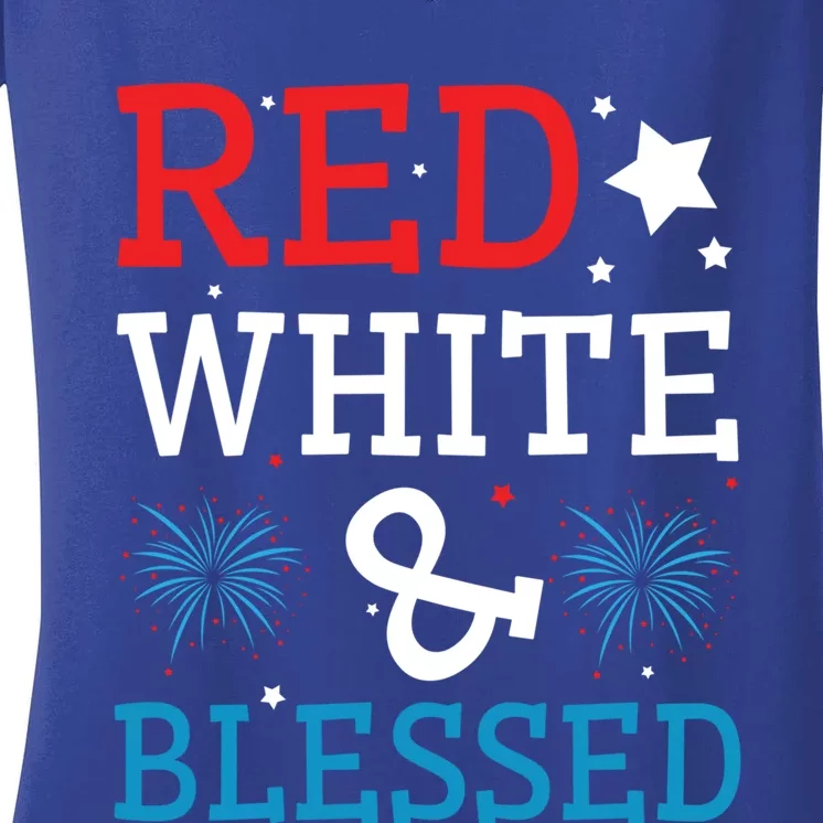 White Red Blessed America American Usa Flag 4th Of July Gift Women's V-Neck T-Shirt