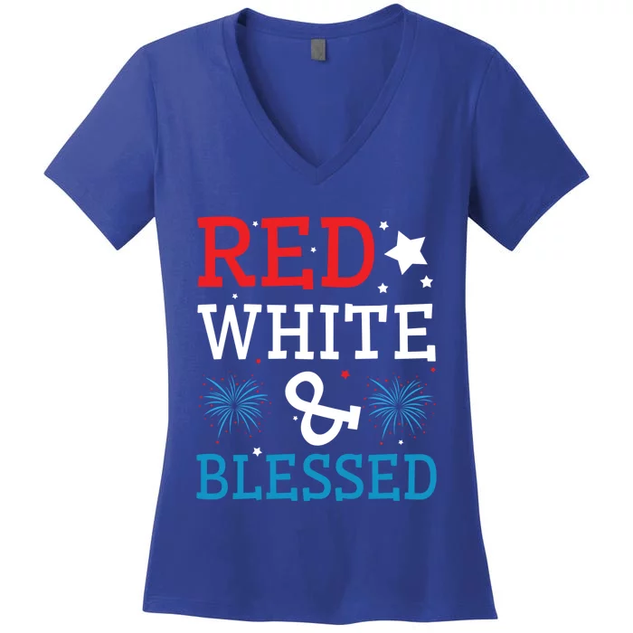 White Red Blessed America American Usa Flag 4th Of July Gift Women's V-Neck T-Shirt