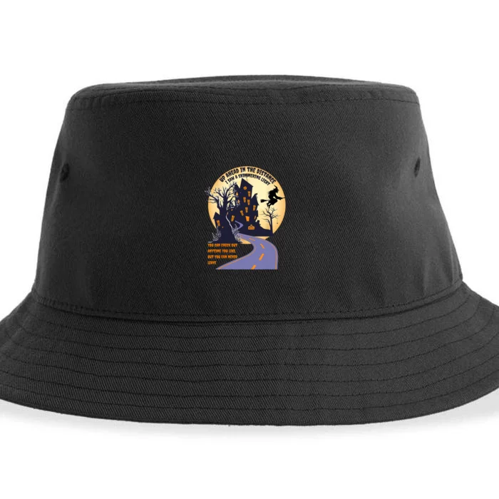 Witch Riding Broom On A Dark Desert Highway Halloween Moon Sustainable Bucket Hat