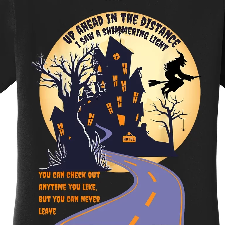 Witch Riding Broom On A Dark Desert Highway Halloween Moon Women's T-Shirt