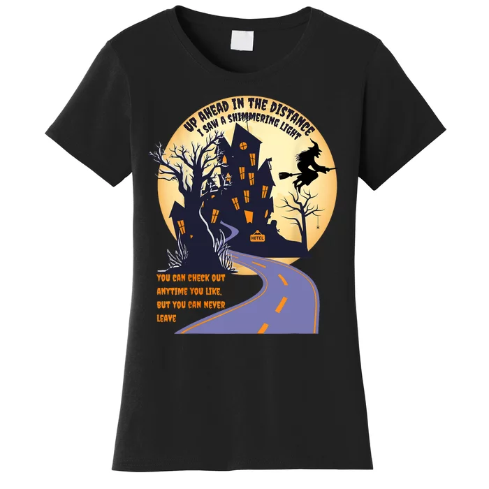 Witch Riding Broom On A Dark Desert Highway Halloween Moon Women's T-Shirt