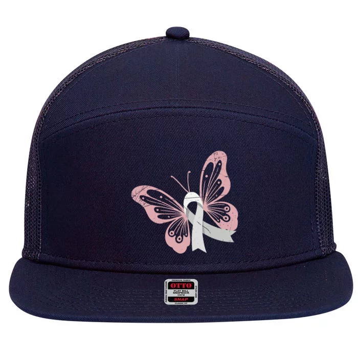 White Ribbon Butterfly Cancer Survivor Lung Cancer Awareness Gift 7 Panel Mesh Trucker Snapback Hat