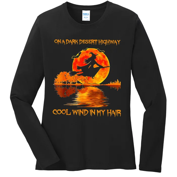 Witch Riding Brooms On A Dark Desert Highways Halloween Ladies Long Sleeve Shirt