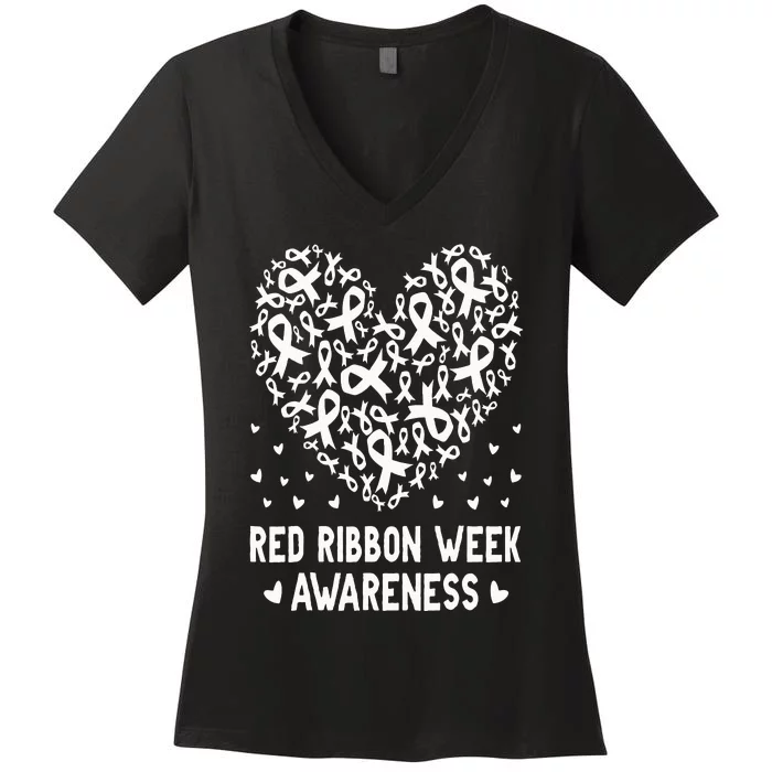 Wear Red For Red Ribbon Week Awareness Rainbow Heart Women's V-Neck T-Shirt