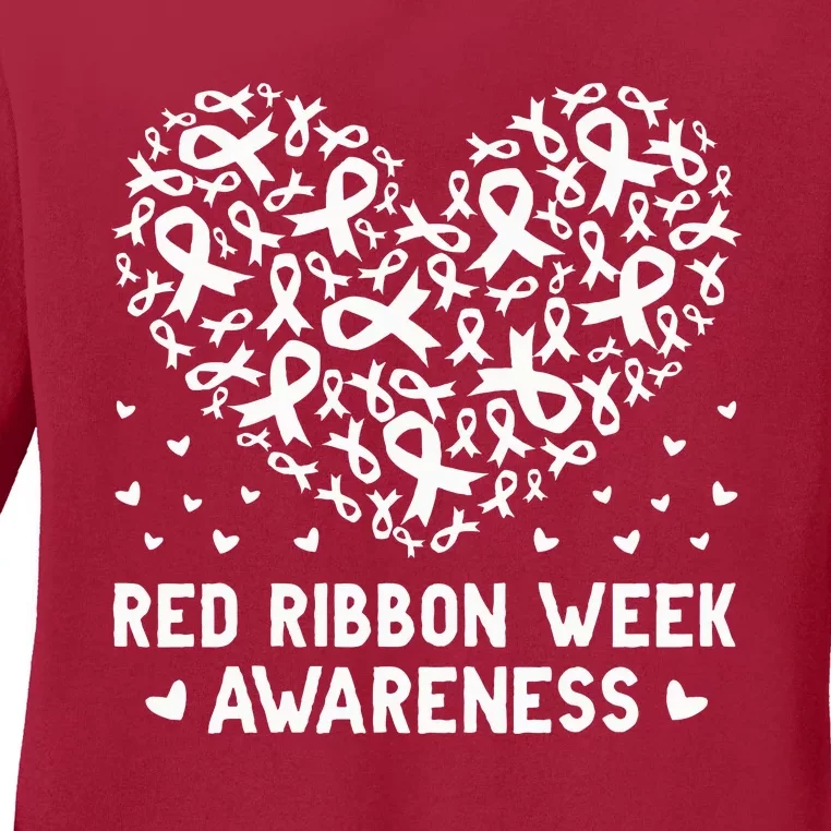 Wear Red For Red Ribbon Week Awareness Drug Free Cute Hearts Ladies Long Sleeve Shirt