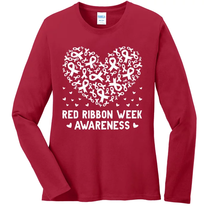 Wear Red For Red Ribbon Week Awareness Drug Free Cute Hearts Ladies Long Sleeve Shirt