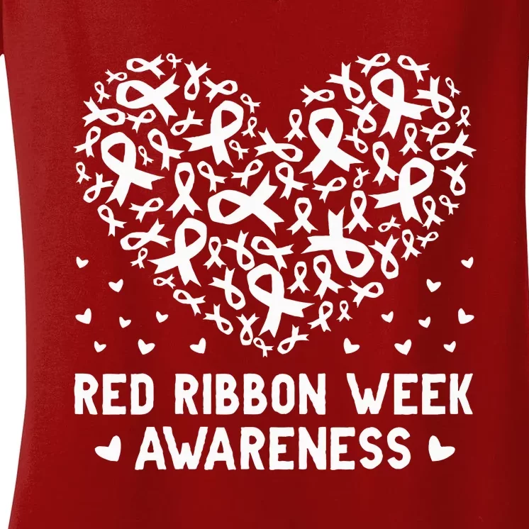 Wear Red For Red Ribbon Week Awareness Drug Free Cute Hearts Women's V-Neck T-Shirt