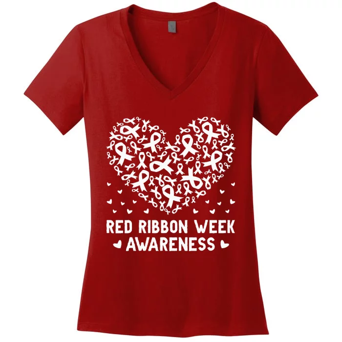 Wear Red For Red Ribbon Week Awareness Drug Free Cute Hearts Women's V-Neck T-Shirt