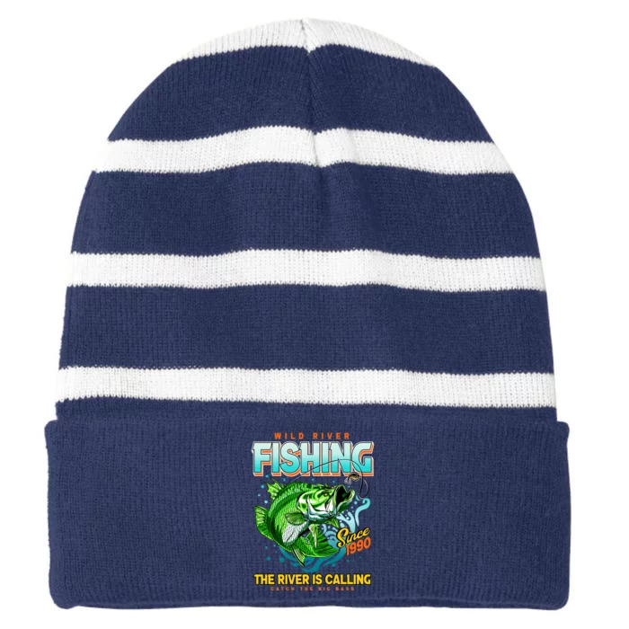 Wild River Fishing The River Is Calling Catch The Big Bass Since 1990 Striped Beanie with Solid Band