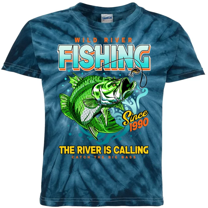 Wild River Fishing The River Is Calling Catch The Big Bass Since 1990 Kids Tie-Dye T-Shirt