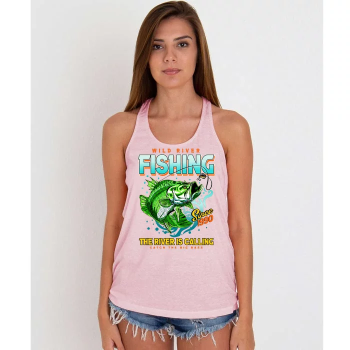 Wild River Fishing The River Is Calling Catch The Big Bass Since 1990 Women's Knotted Racerback Tank