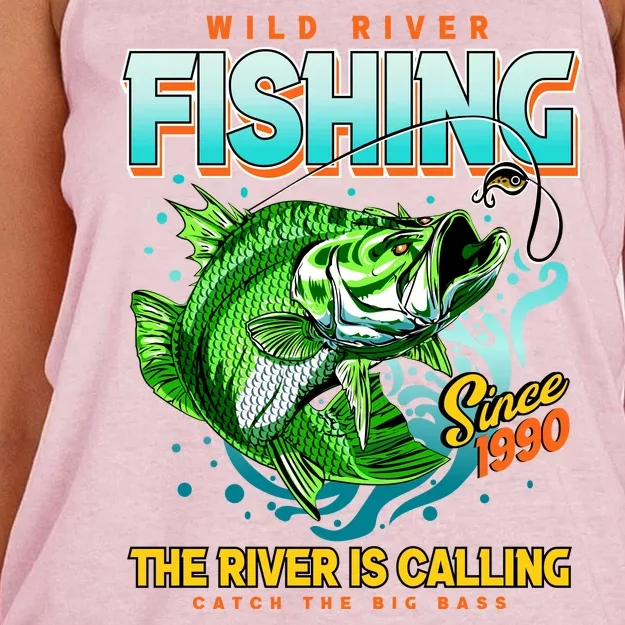 Wild River Fishing The River Is Calling Catch The Big Bass Since 1990 Women's Knotted Racerback Tank