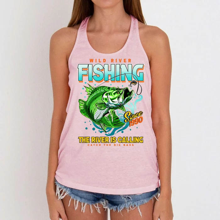 Wild River Fishing The River Is Calling Catch The Big Bass Since 1990 Women's Knotted Racerback Tank