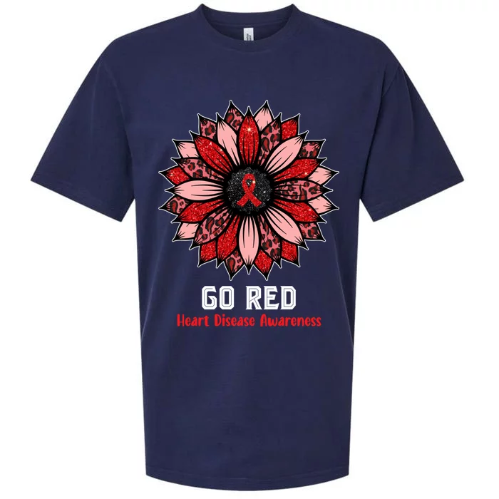 Wo Red Heart Disease Awareness Month Ribbon Sunflower Gift Sueded Cloud Jersey T-Shirt