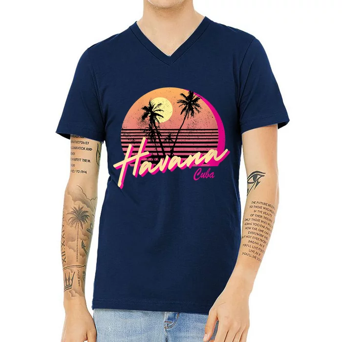 Womens Retro Havana Cuba California Beach Sunset V-Neck T-Shirt