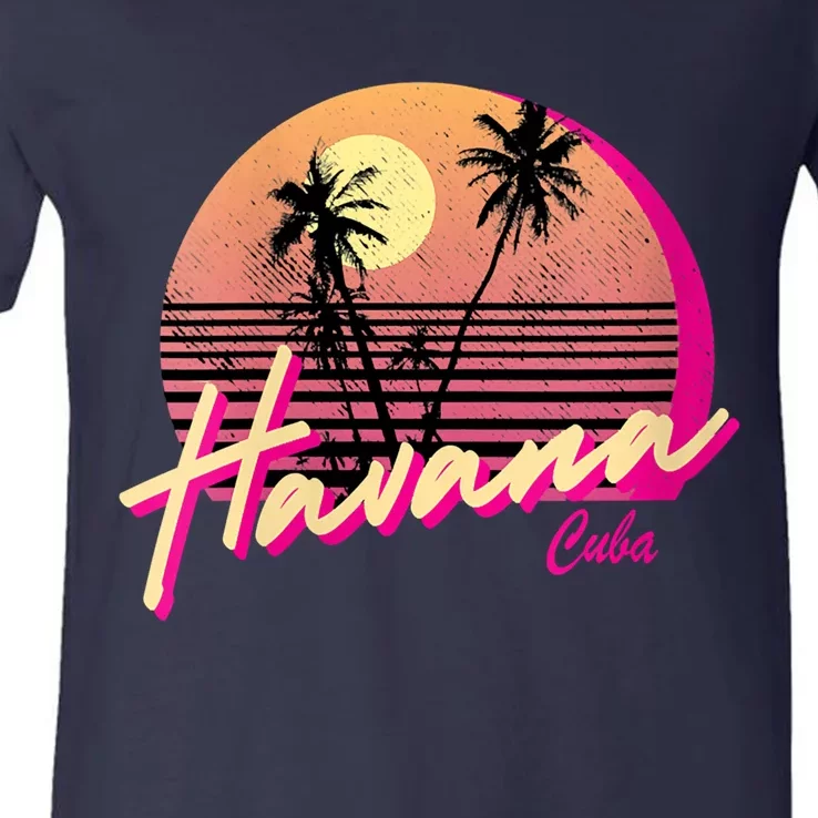 Womens Retro Havana Cuba California Beach Sunset V-Neck T-Shirt