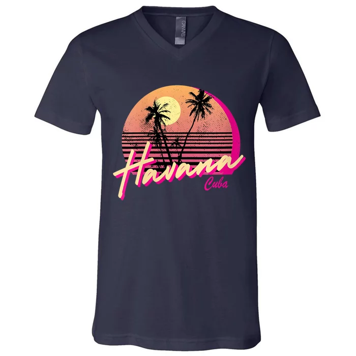 Womens Retro Havana Cuba California Beach Sunset V-Neck T-Shirt