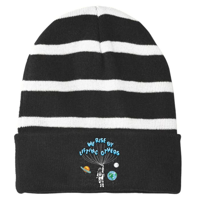 We Rise Motivational Quote Striped Beanie with Solid Band