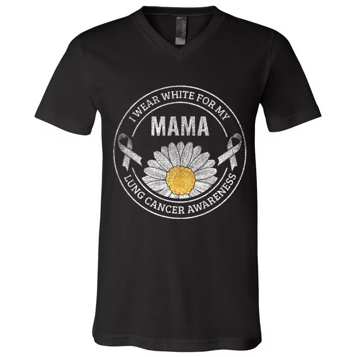 White Ribbon Mama Lung Cancer Awareness Gift V-Neck T-Shirt