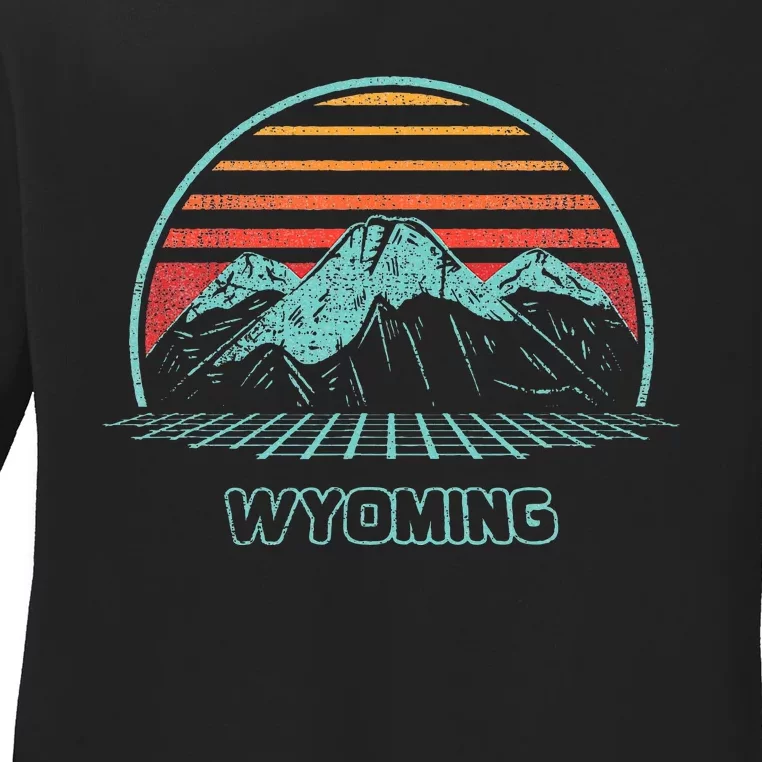 Wyoming Retro Mountain Hiking 80s Style Ladies Long Sleeve Shirt