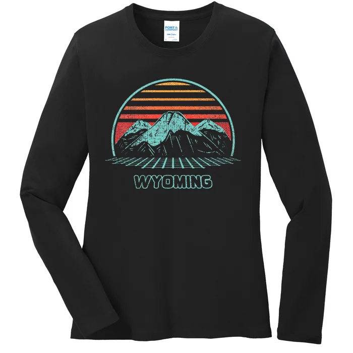 Wyoming Retro Mountain Hiking 80s Style Ladies Long Sleeve Shirt