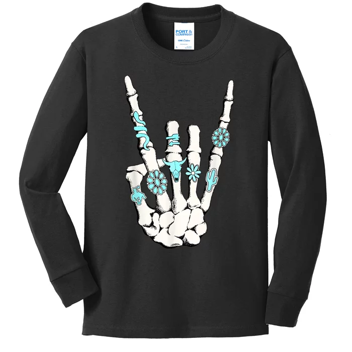 Western Rock On Skeleton American Rodeo Cowboy Kids Long Sleeve Shirt