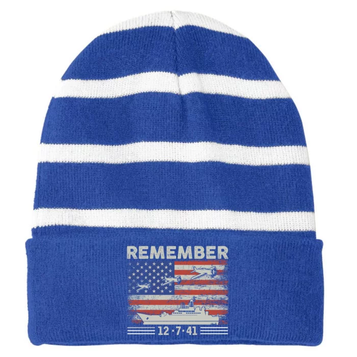 Wwii Remember Pearl Harbor Memorial Day December 7th 1941 Gift Striped Beanie with Solid Band