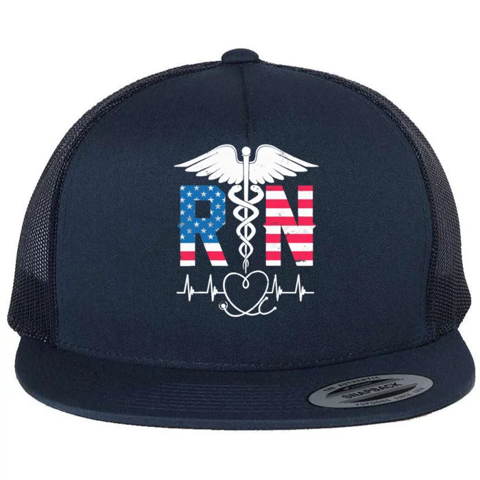 Wo RN Registered Nurse USA Flag Caduceus Stethoscope Patriotic Flat Bill Trucker Hat