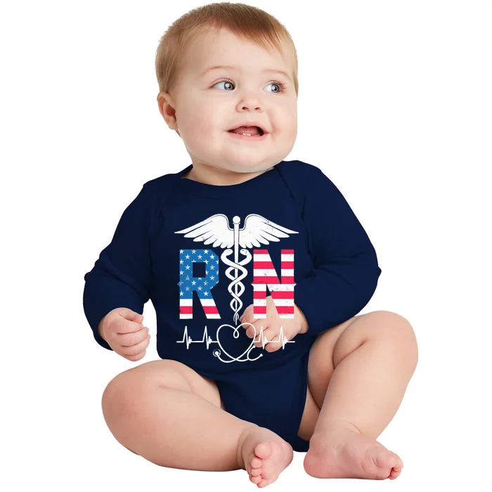 Wo RN Registered Nurse USA Flag Caduceus Stethoscope Patriotic Baby Long Sleeve Bodysuit