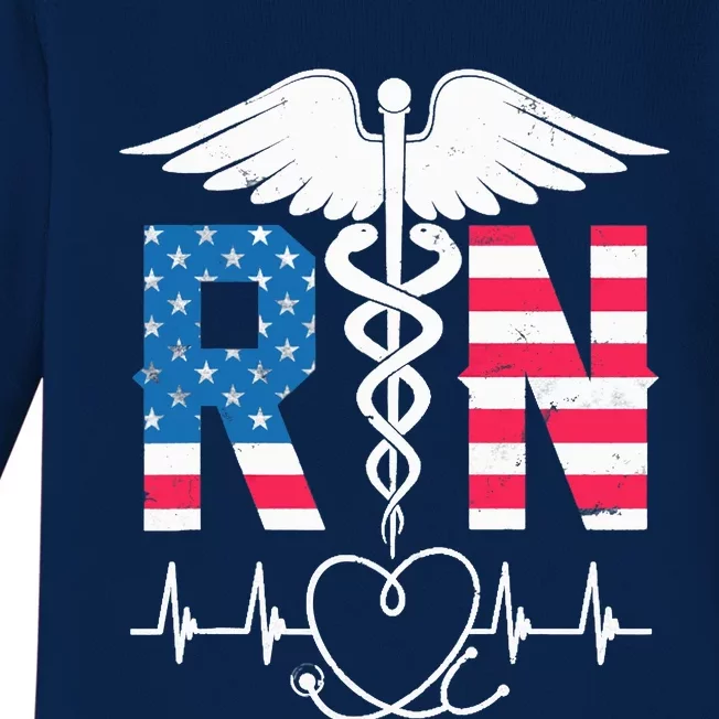 Wo RN Registered Nurse USA Flag Caduceus Stethoscope Patriotic Baby Long Sleeve Bodysuit