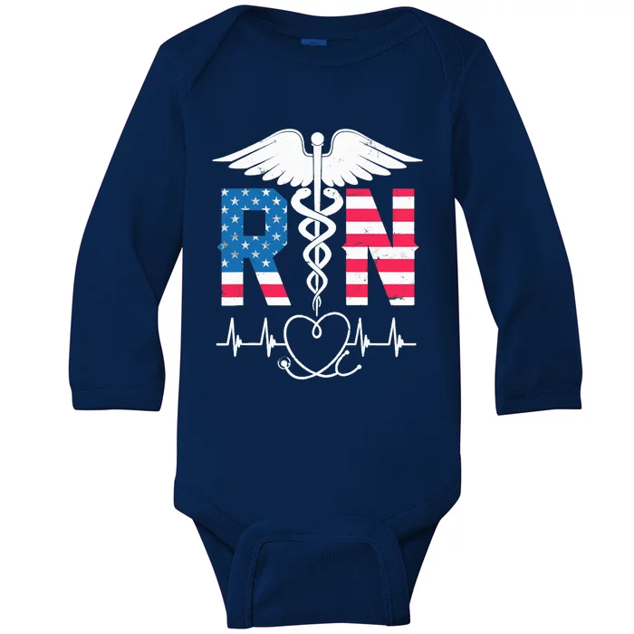 Wo RN Registered Nurse USA Flag Caduceus Stethoscope Patriotic Baby Long Sleeve Bodysuit