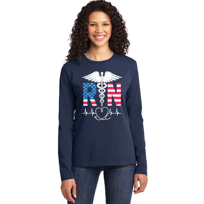 Wo RN Registered Nurse USA Flag Caduceus Stethoscope Patriotic Ladies Long Sleeve Shirt