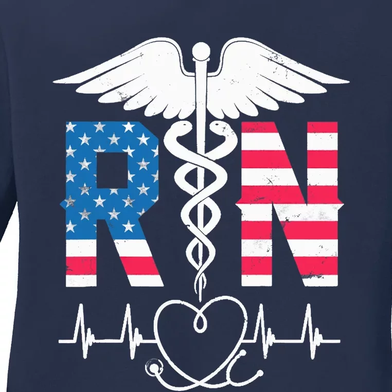 Wo RN Registered Nurse USA Flag Caduceus Stethoscope Patriotic Ladies Long Sleeve Shirt